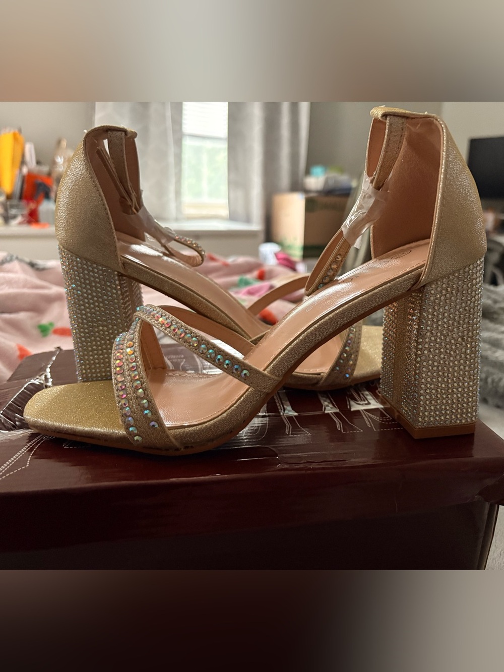 Champagne Rhinestone Block Heel Sandals Size 7.5